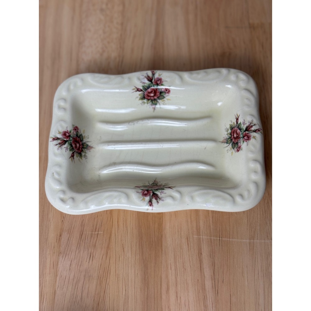 Vintage P.B. Athena Ceramic Soap Dish Floral Rose Scalloped Made in USA